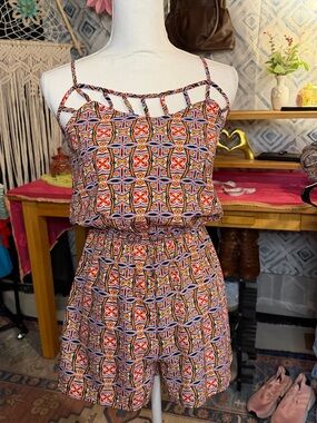 Xhilaration Orange and Blue Strappy Printed Romper
